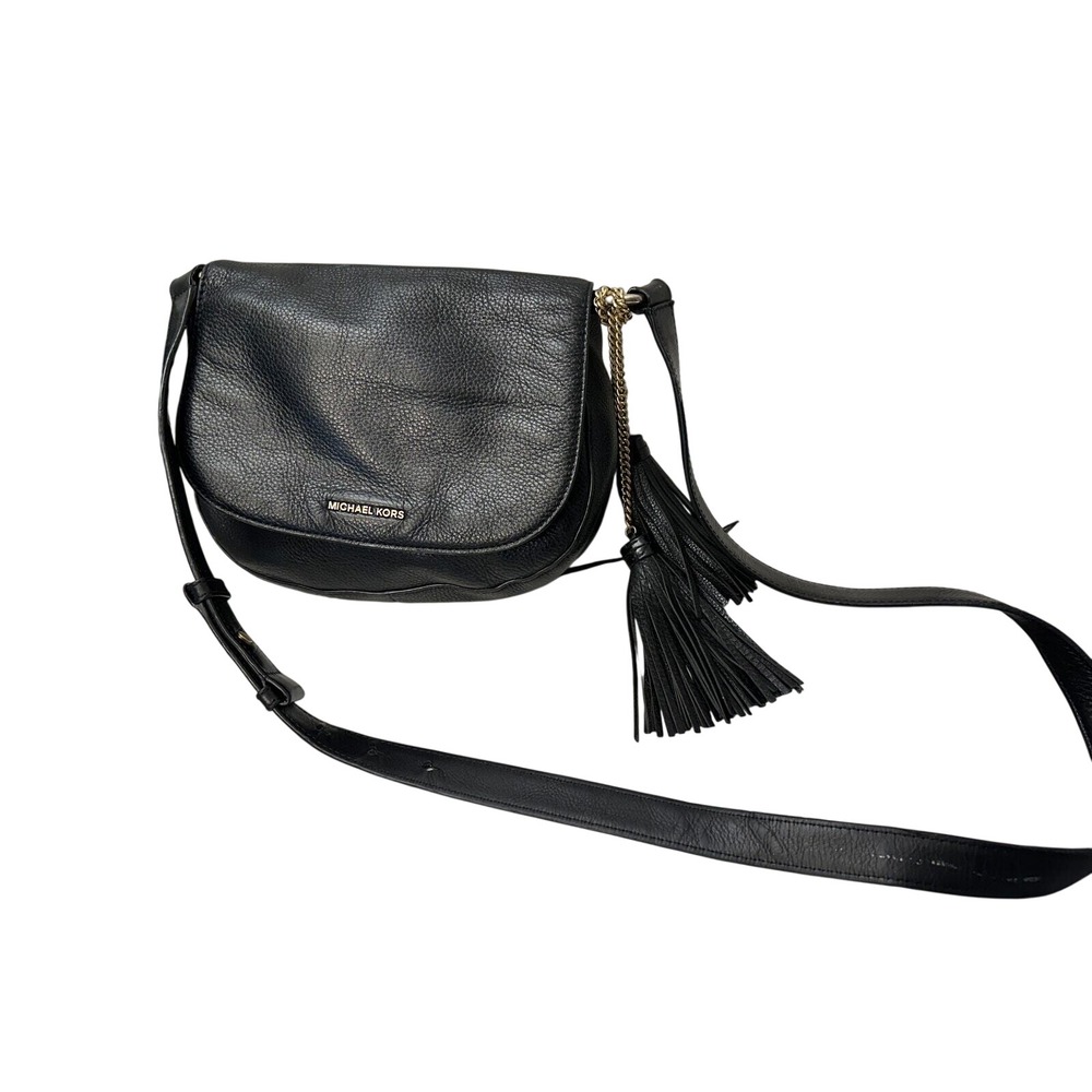 Michael Kors Black Leather Tassel Crossbody Bag Gold Chain Strap